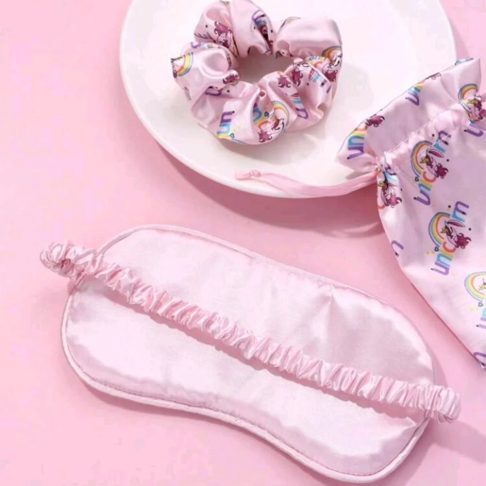 Cute Pink Unicorn Sleep Mask Scrunchie And Pouch Satin Accessory Set